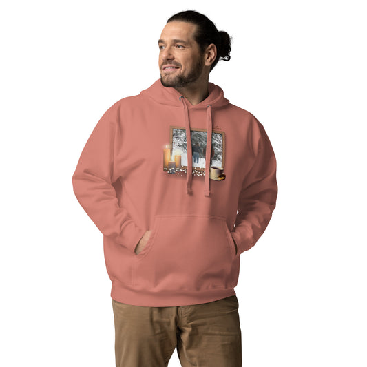Hoodie/sweatshirt à capuche saumon avec cheval et cavalière dans un cadre, ambiance "hygge", porté par un homme et vu de face