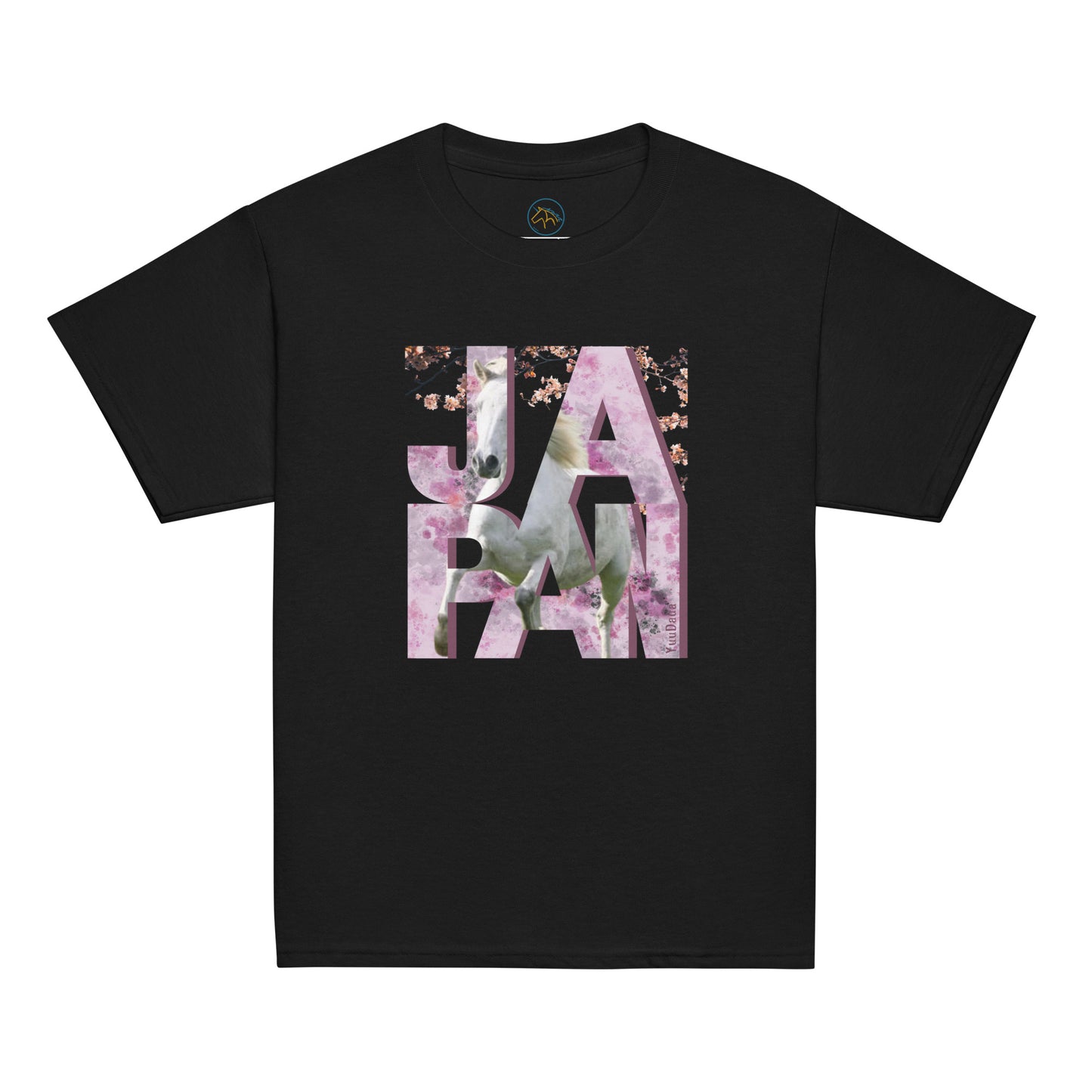 Tshirt noir avec un motif de cheval et de cerisiers japonais