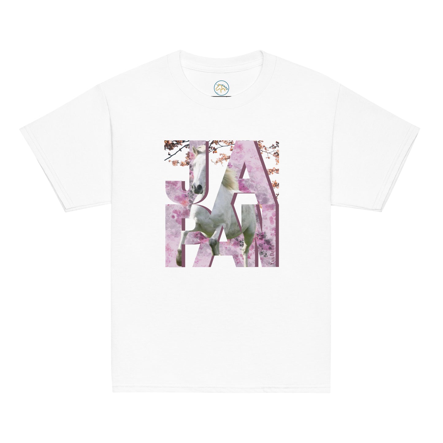 Tshirt blanc avec motif cheval et cerisiers japonais
