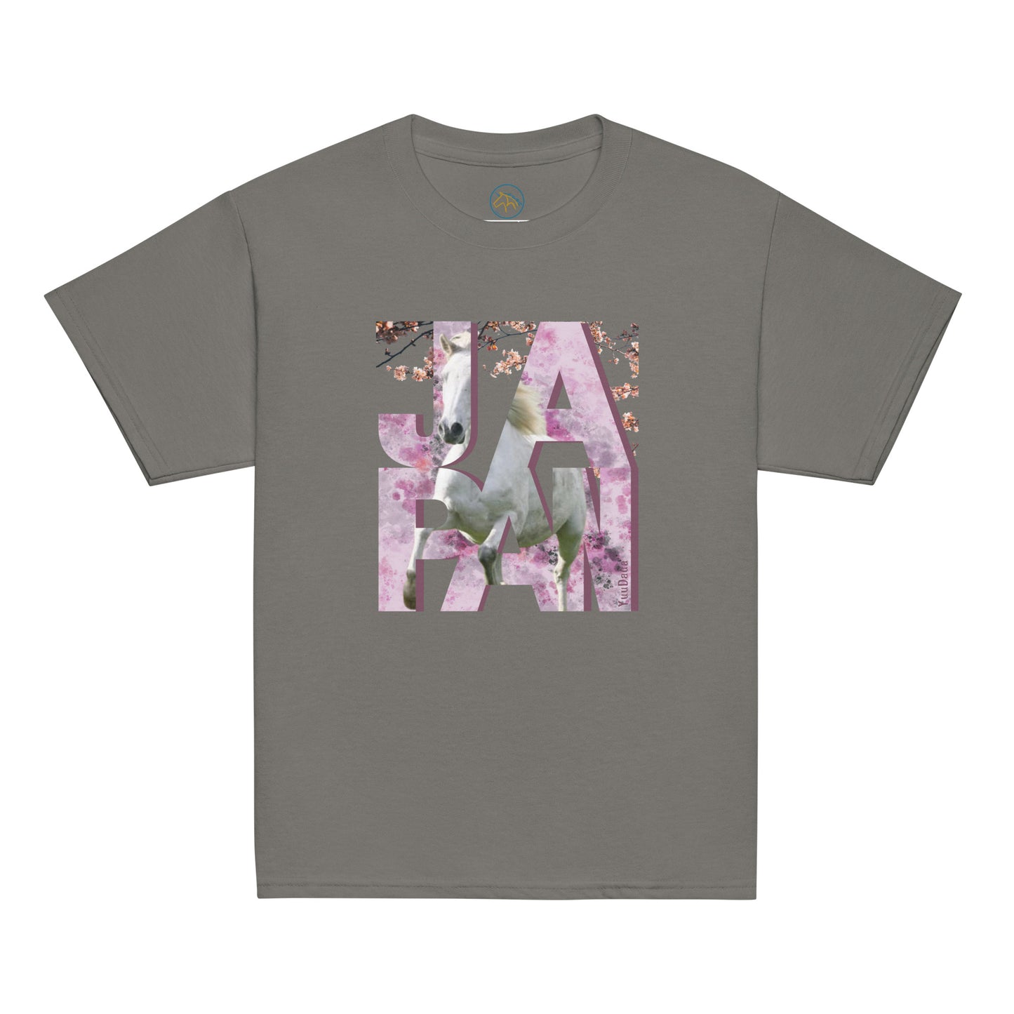 Tshirt gris avec motif cheval et cerisiers japonais
