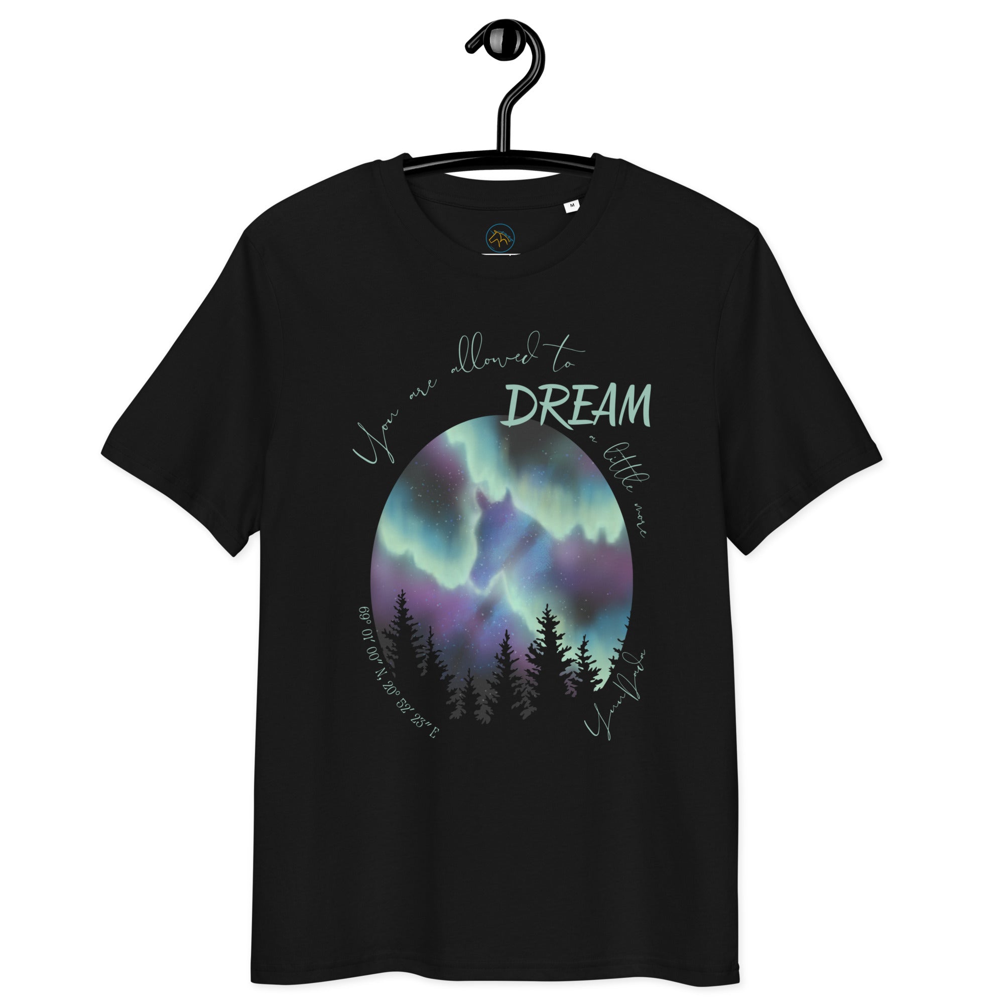 Tshirt noir cheval aurores boréales avec phrase inspirante 