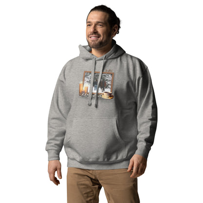 Hoodie/sweatshirt à capuche gris chiné avec cheval et cavalière dans un cadre, ambiance "hygge", porté par un homme et vu de face