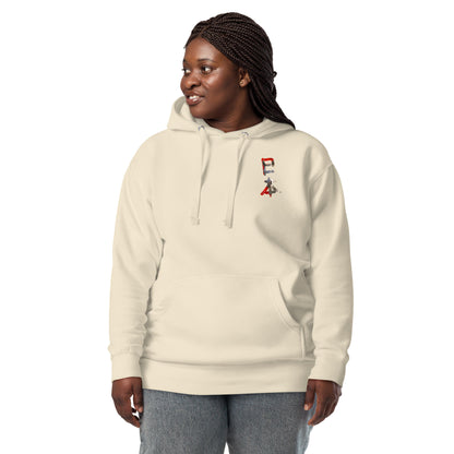 Hoodie/sweatshirt à capuche beige avec motif érables du Japon, avec cheval incrusté dans le kanji "Nihon", vu de face et porté par une femme