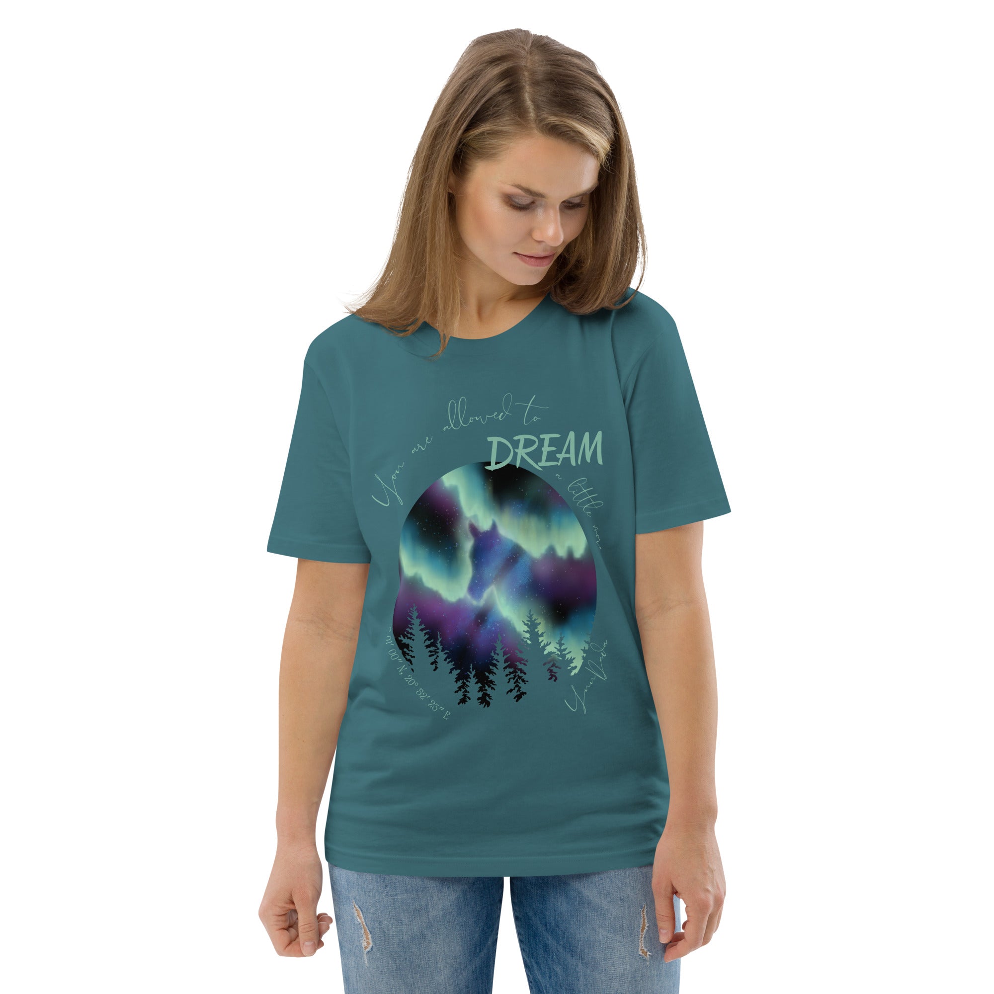 Tshirt cheval aurores boréales bleu porté par une cavalière