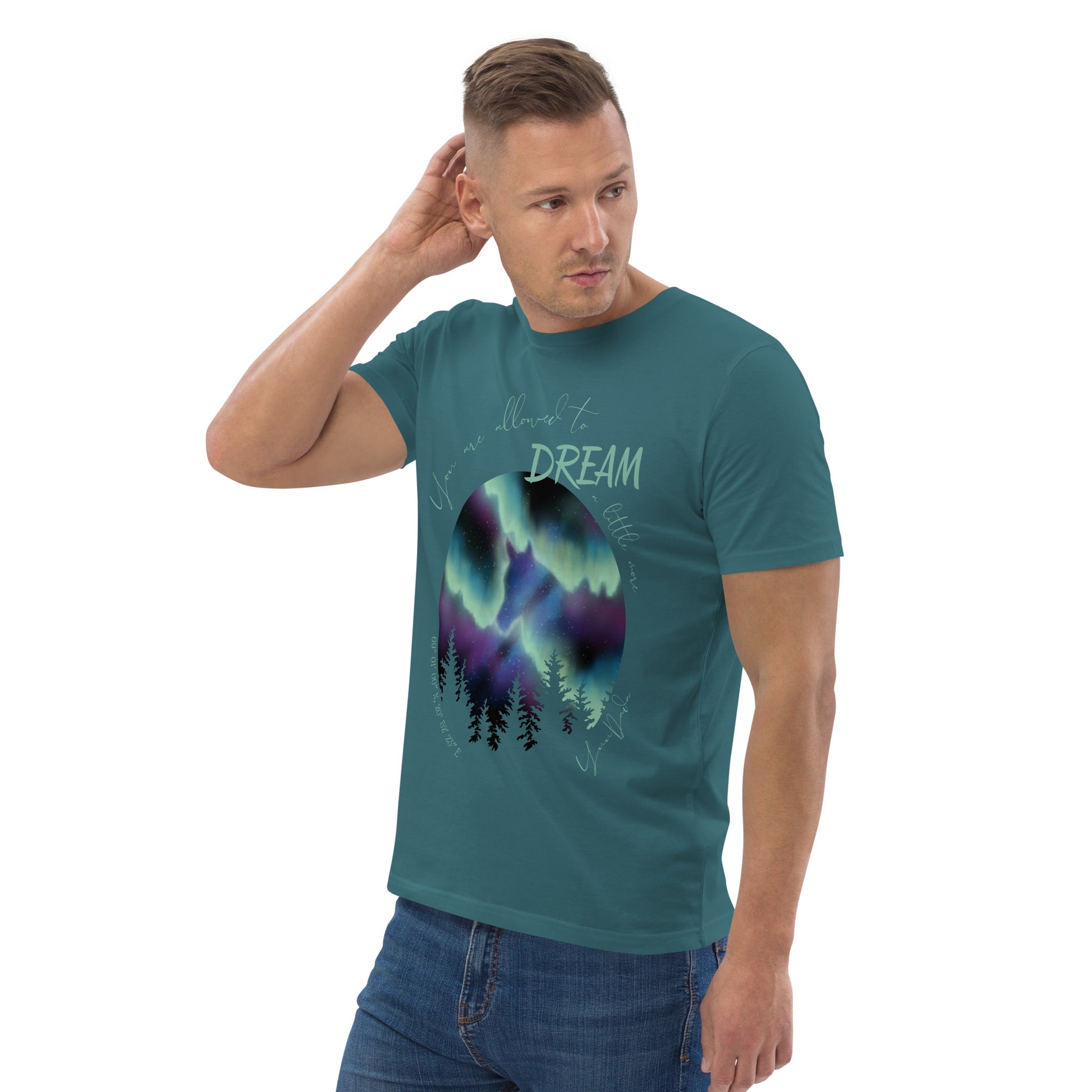 Tshirt cheval aurores boréales bleu porté par un homme cavalier