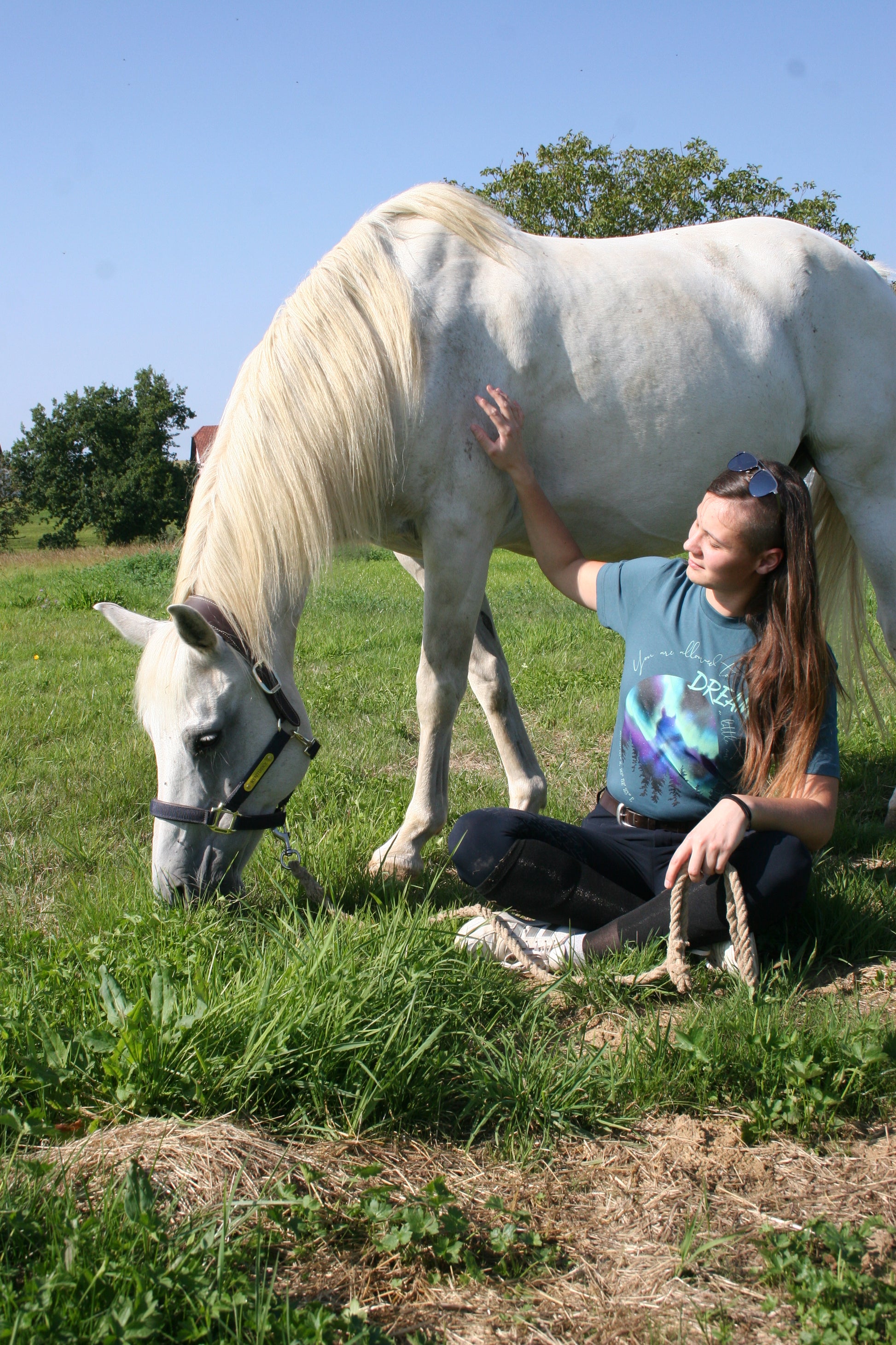Cavalière portant un tshirt oversize bleu Aurora Borealis avec motif cheval et aurores boréales