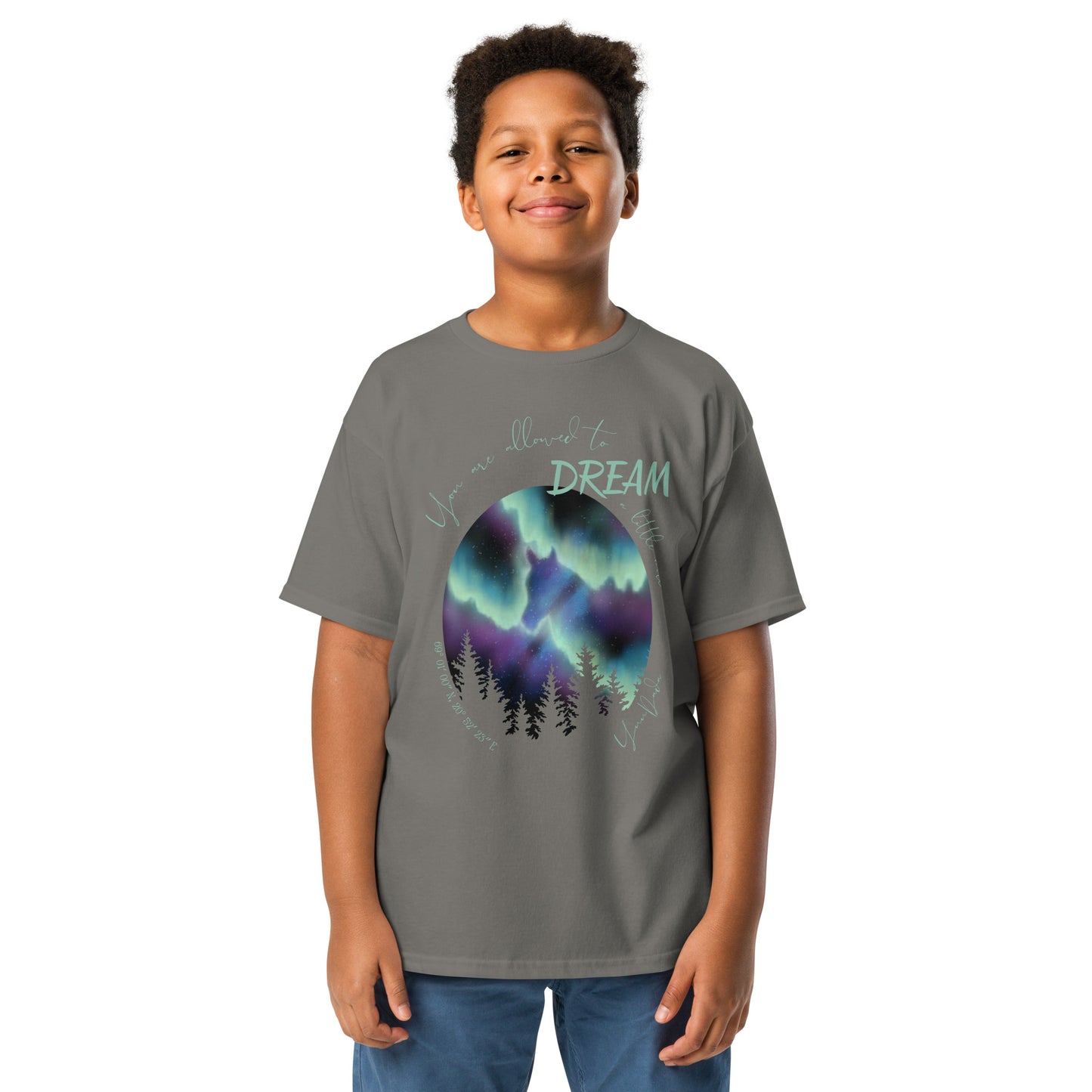 Tshirt cheval aurores boréales gris anthracite porté par un garçon