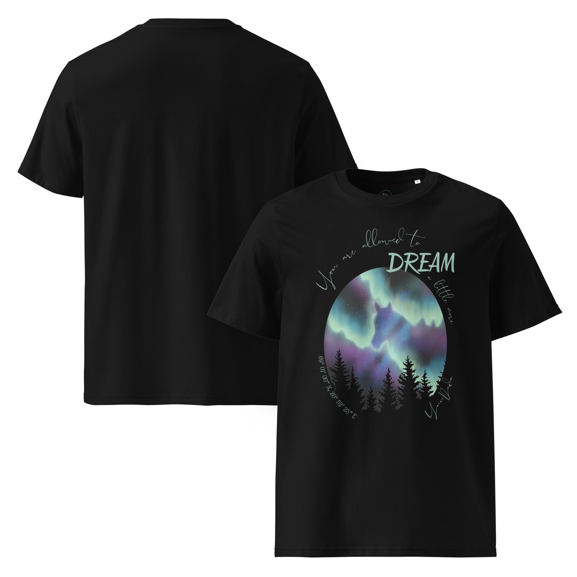 Tshirt noir motif cheval et aurores boréales coton bio 180gr/m2