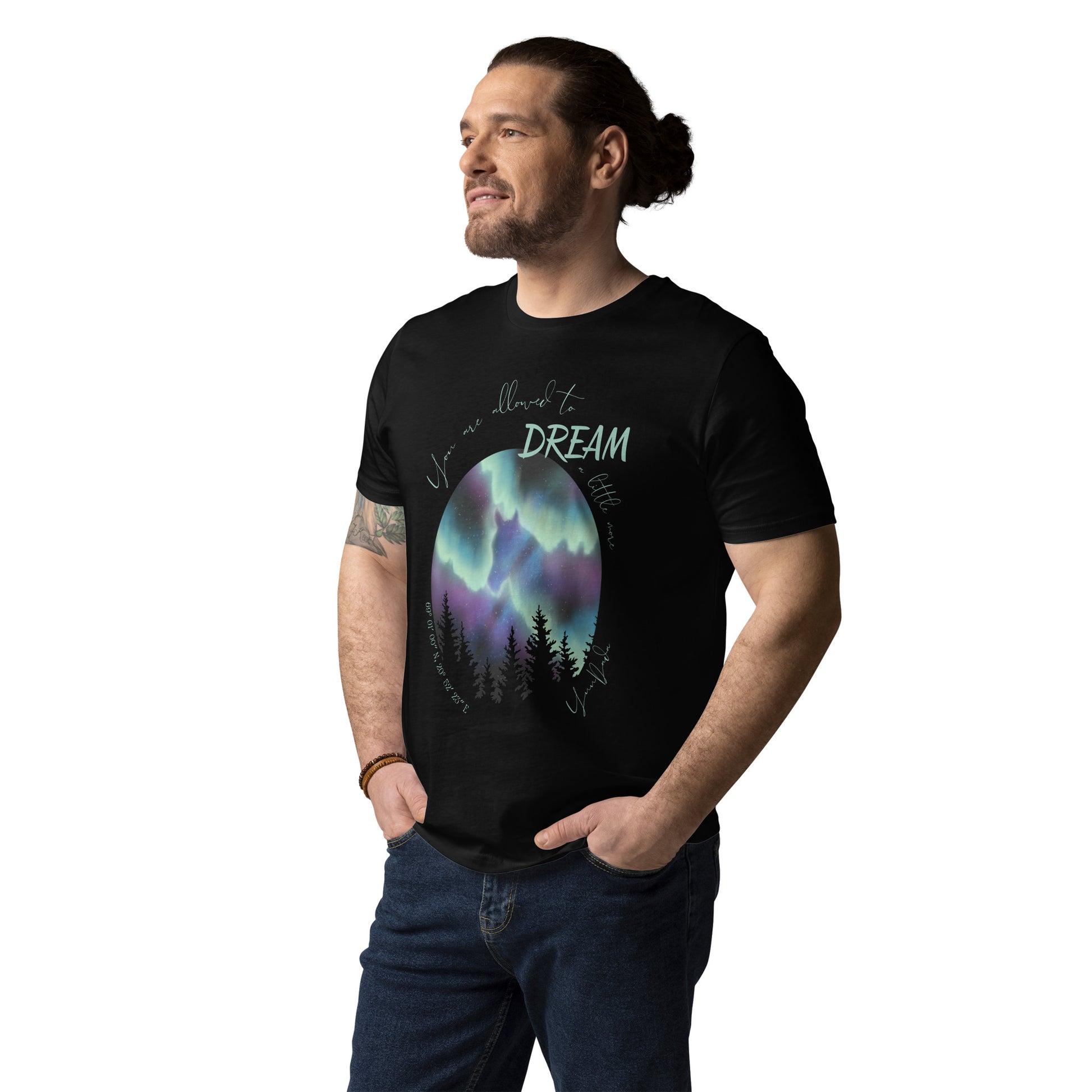 Tshirt cheval aurores boréales, de face, porté par un homme
