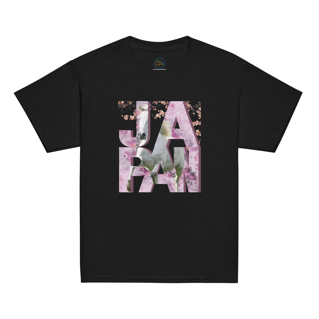 Tshirt noir avec un motif de cheval et de cerisiers japonais