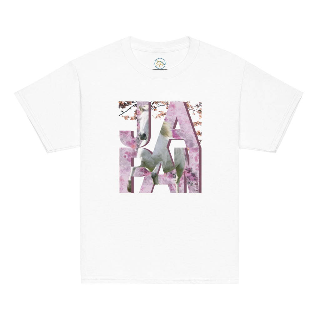 Tshirt blanc avec motif cheval et cerisiers japonais