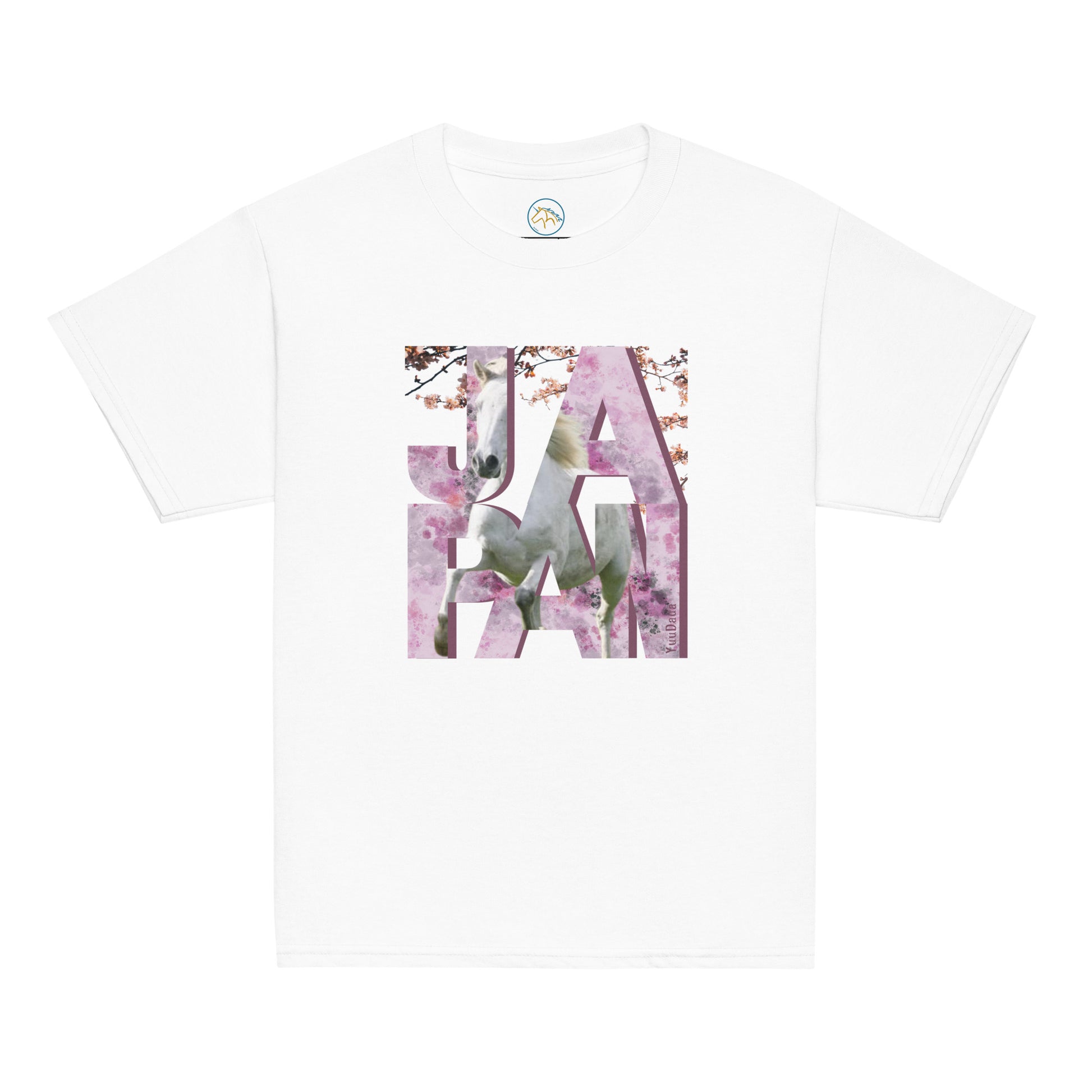Tshirt blanc avec motif cheval et cerisiers japonais