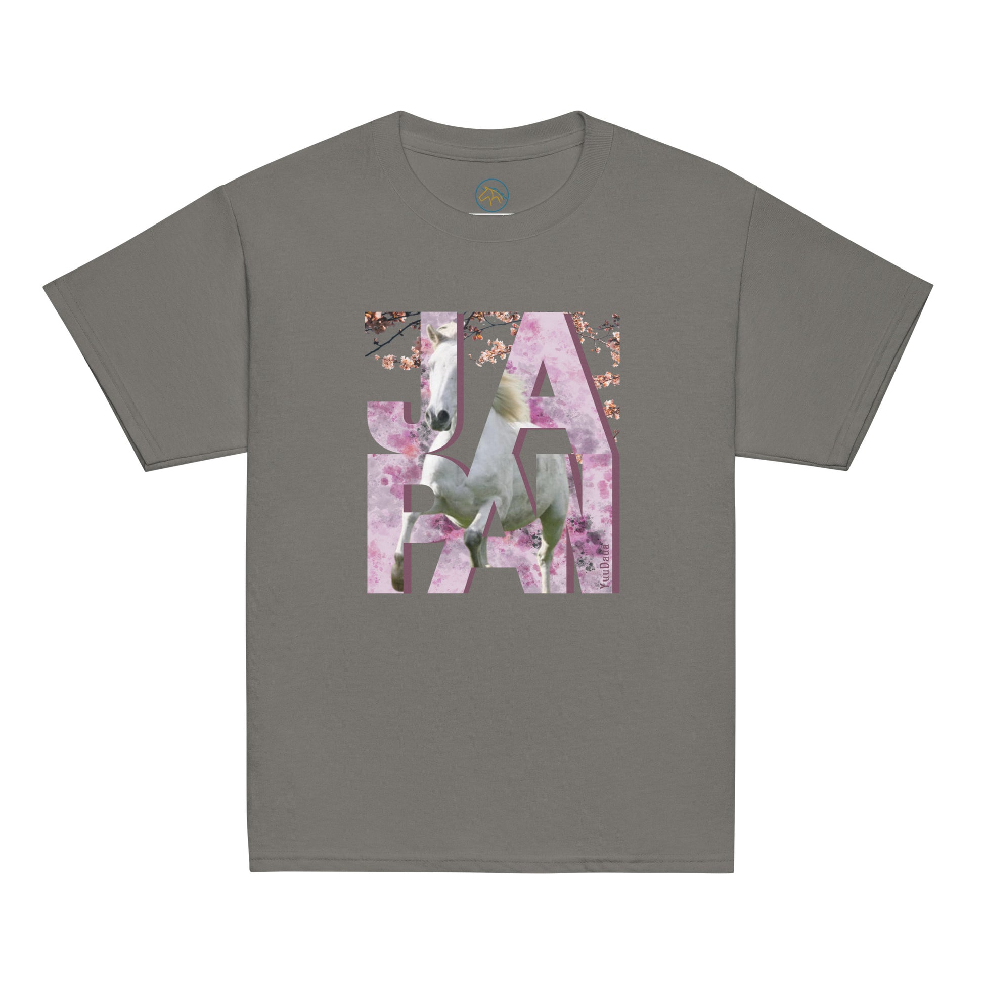 Tshirt gris avec motif cheval et cerisiers japonais
