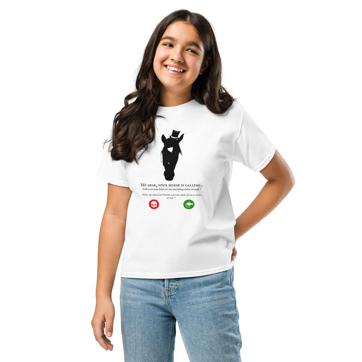 Tshirt blanc avec un motif cheval steampunk et une phrase humoristique, porté par une fille adolescente