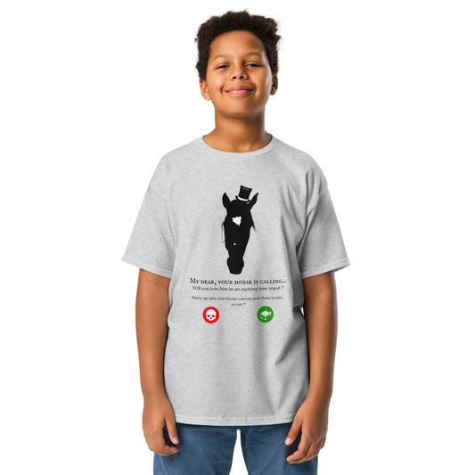 Tshirt gris chiné avec un cheval steampunk et une phrase humoristique, porté par un garçon