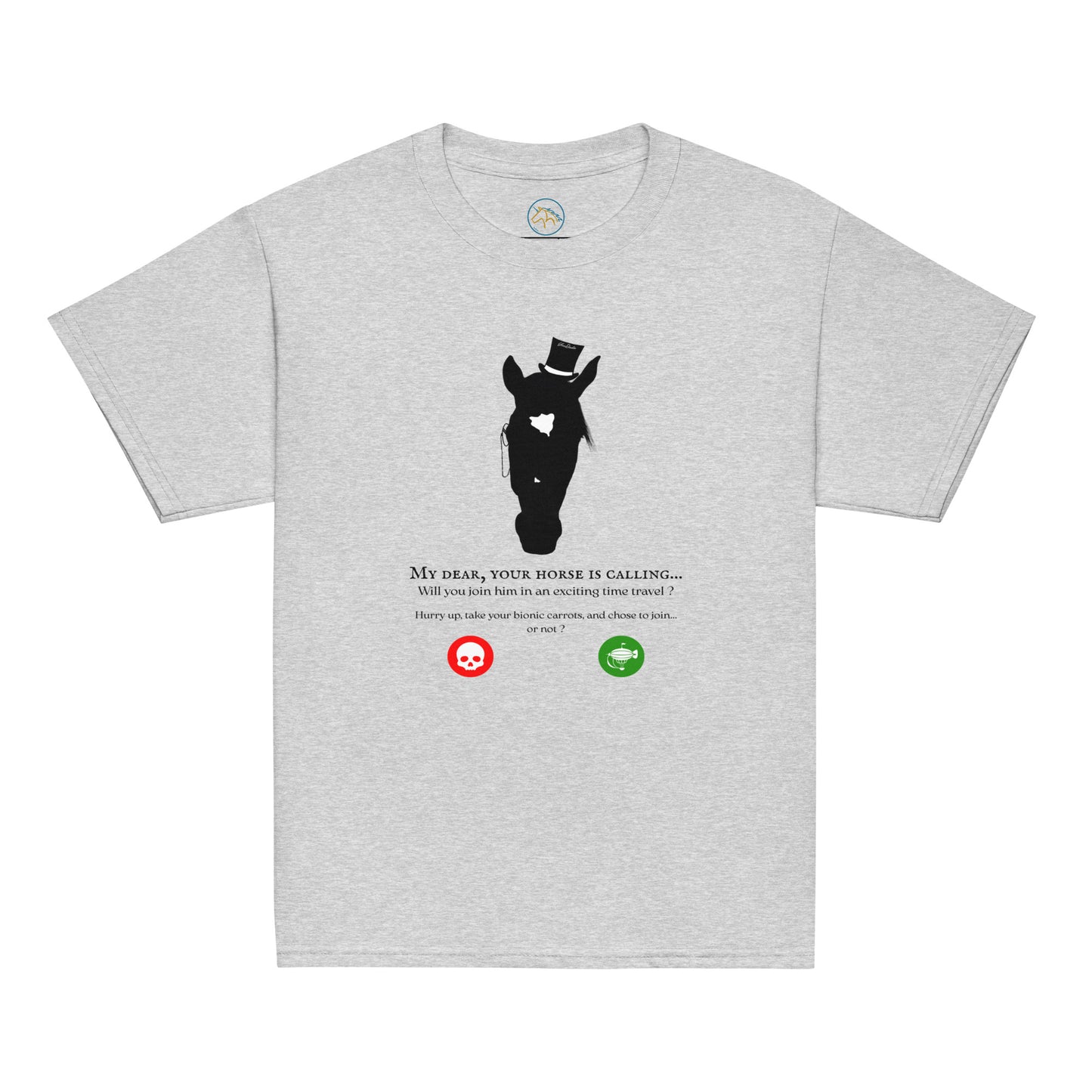 Tshirt gris chiné avec un cheval steampunk et une phrase humoristique