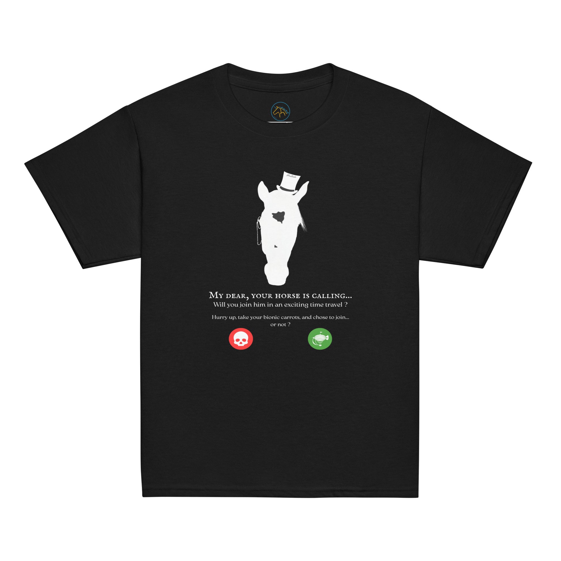 Tshirt noir avec motif cheval steampunk et phrase humoristique
