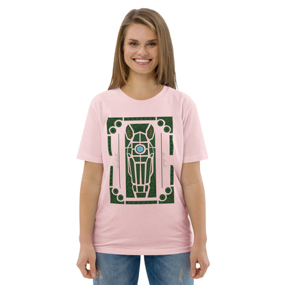 Tshirt rose en coton bio avec motif de tête de cheval dessiné par les buissons des jardins à la française, porté par une femme et vu de face