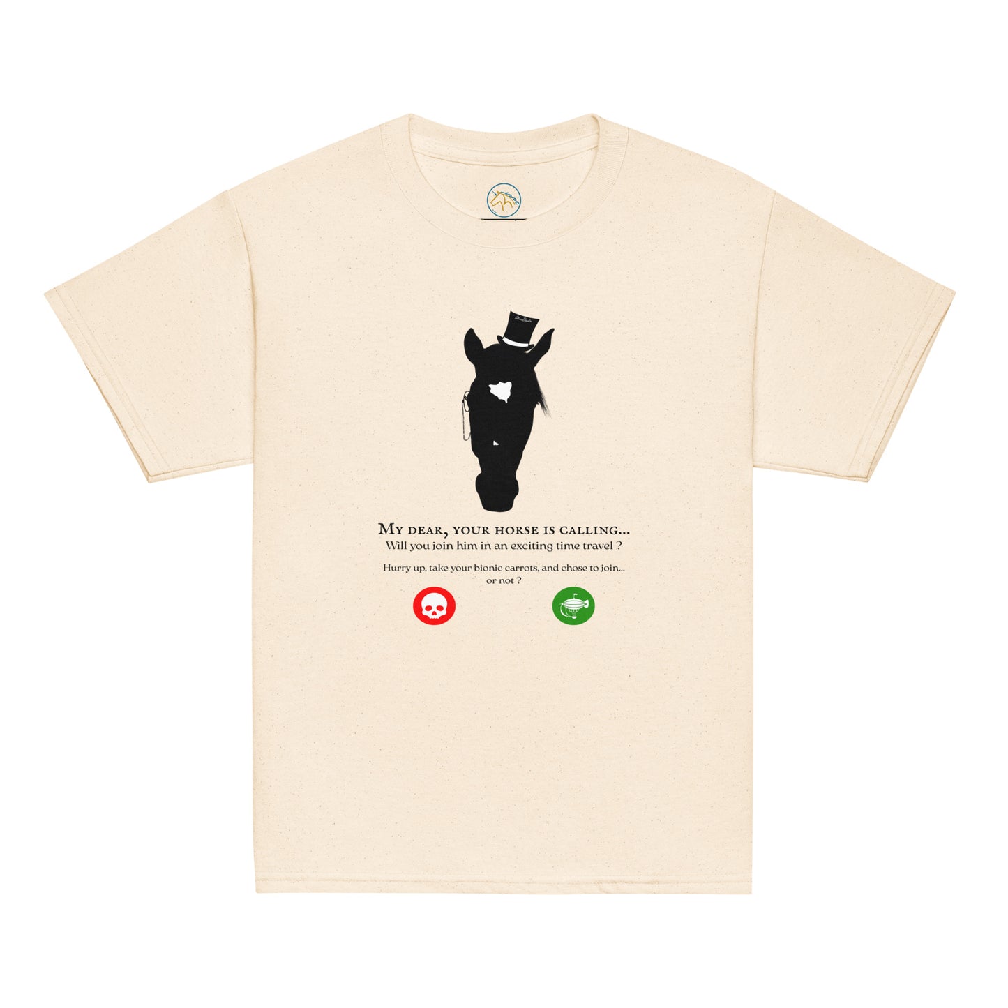 Tshirt beige avec un cheval steampunk et une phrase humoristique