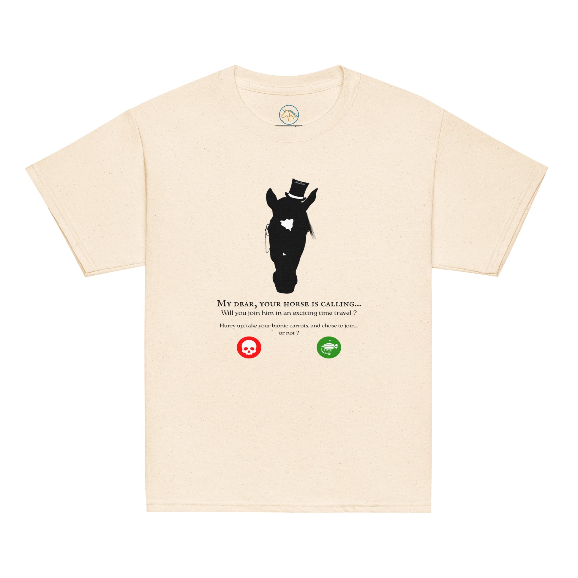 Tshirt beige avec un cheval steampunk et une phrase humoristique