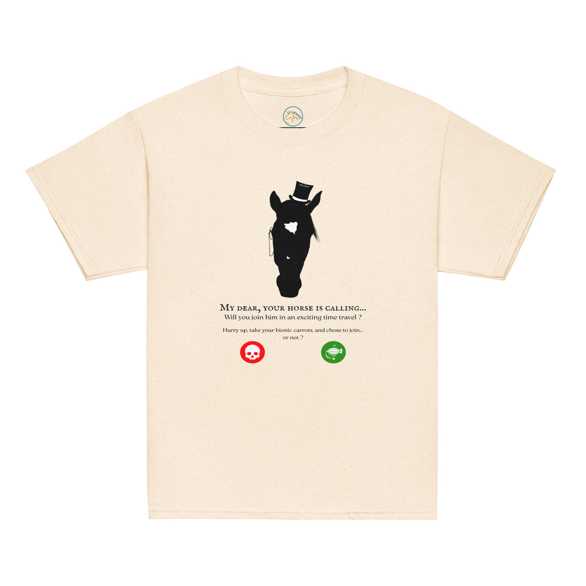 Tshirt beige avec un cheval steampunk et une phrase humoristique