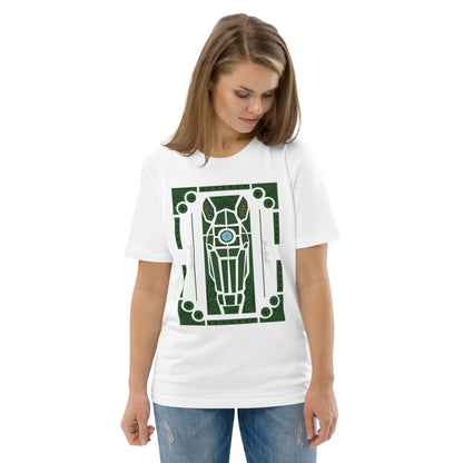 Tshirt blanc en coton bio avec motif de tête de cheval dans les jardins à la française, porté par une femme et vu de face